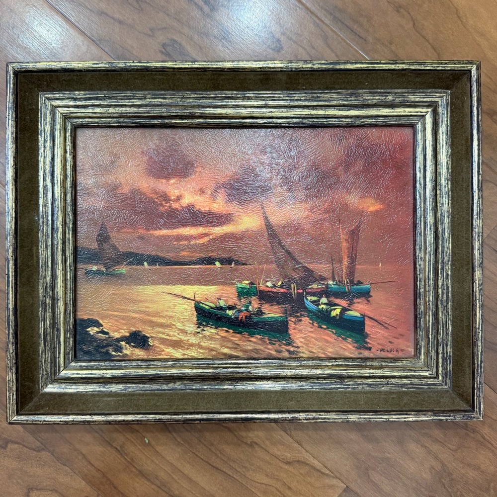 Vintage Framed Art Painting Print Ocean Boats Sunset Harbor Signed De Luca
